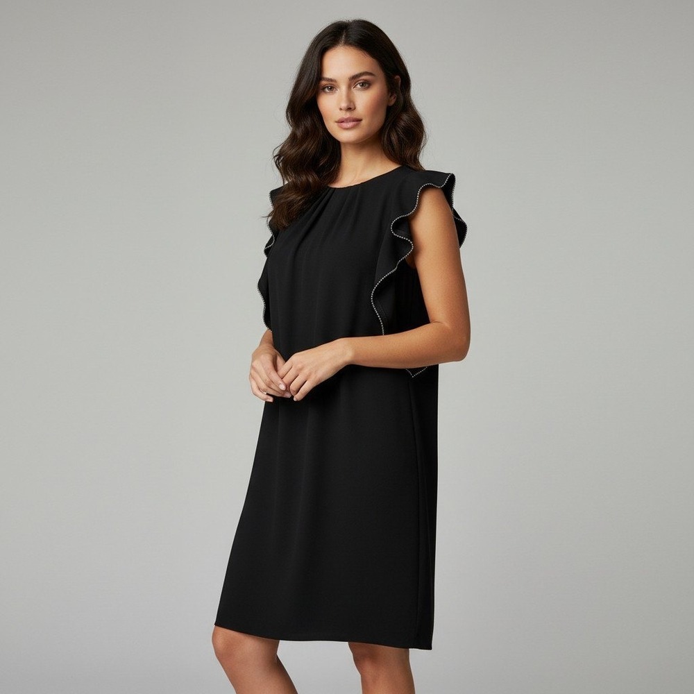 Shoshanna Jet Black Ruffle Beaded Trim Sleeveless Shift Dress 2268252 Size 8 NEW